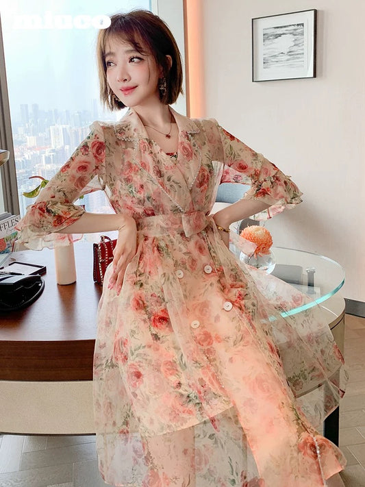 miuco organza print trench coat + suspender skirt two-piece dress women's 2022 summer new