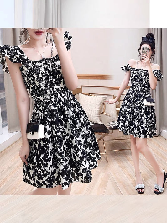 Skirt fairy summer women's 2022 new summer dress small a-line sexy square neck floral hot girl dress