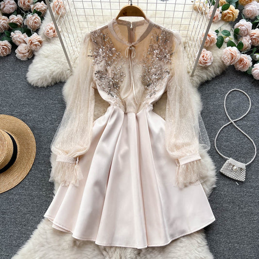Spring and autumn court style design sense heavy industry beading high waist slim stitching mesh dress female fairy tutu skirt