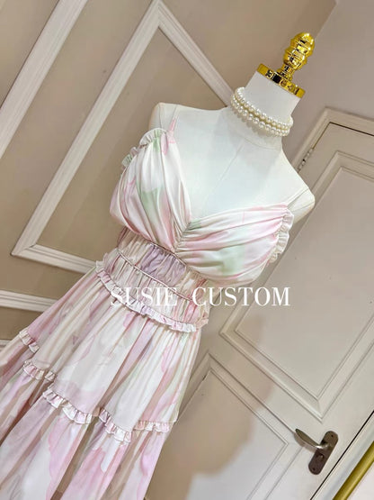 Customized deep V-neck pleated fungus edge with chest pad waist A-line tutu skirt printed suspender dress