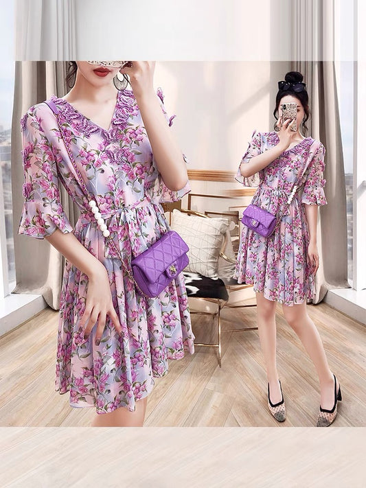 Milk sweet skirt gentle small women's clothing 2022 new summer dress v-neck temperament lady chiffon floral dress