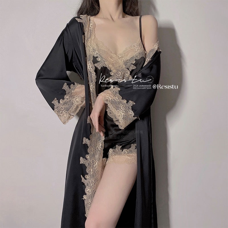 RESISTU French ladies sexy lace sling pajamas female backless ice silk nightgown three-piece suit summer