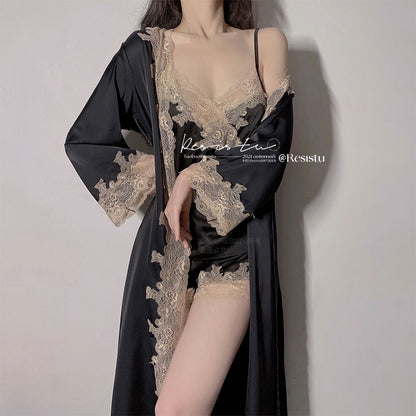RESISTU French ladies sexy lace sling pajamas female backless ice silk nightgown three-piece suit summer