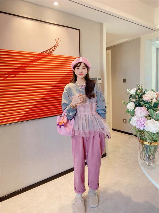 JENNIFER JXLIU Korea autumn and winter sweet ^ pink mesh waist skirt with gray loose sweater