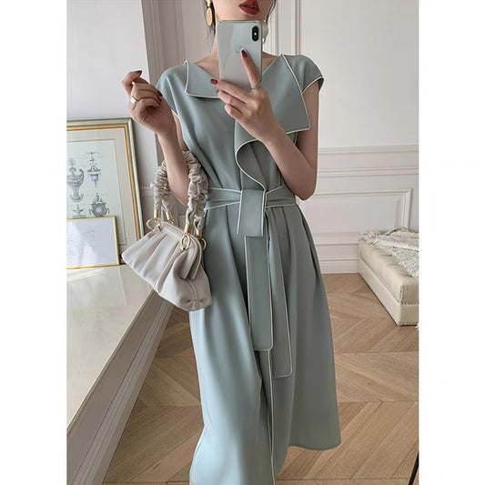 mona summer thin irregular flanging design French lace short-sleeved dress women