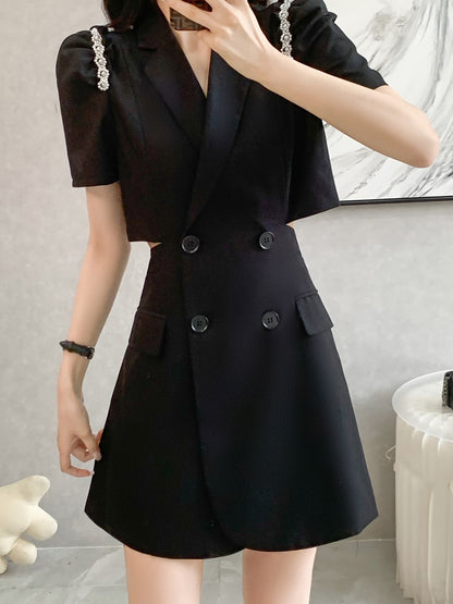 2023 summer new French temperament British style high-end design sense niche black waist suit dress female