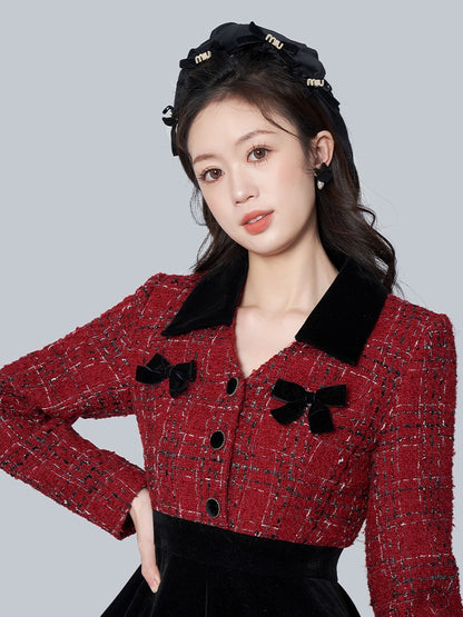 Small fragrant wind slub flower bud skirt high-end mosaic velvet dress female autumn and winter new sweet high waist skirt