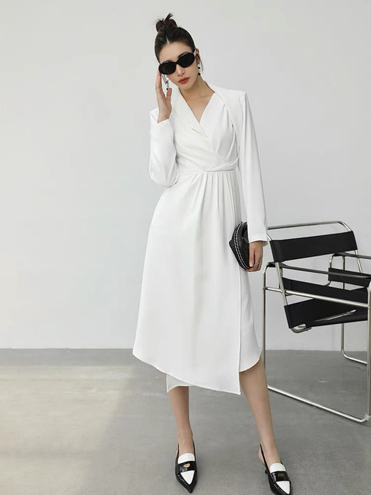 WANGXO temperament black dress female summer 2022 new waist design long-sleeved V-neck mid-length skirt