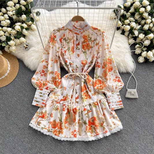 French retro court style stand-up collar printed lace stitching single-breasted Western-style age-reducing design niche dress