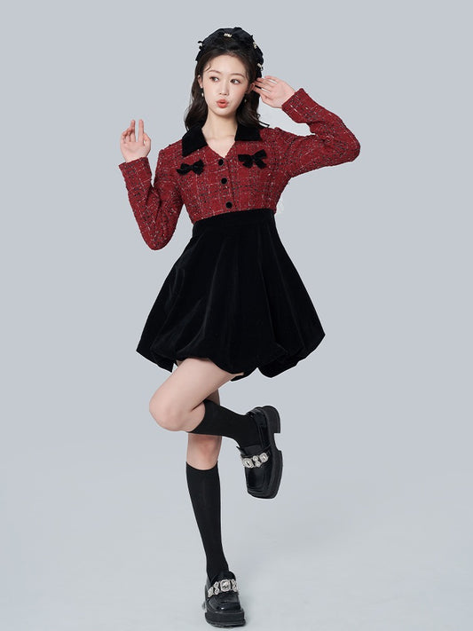Small fragrant wind slub flower bud skirt high-end mosaic velvet dress female autumn and winter new sweet high waist skirt