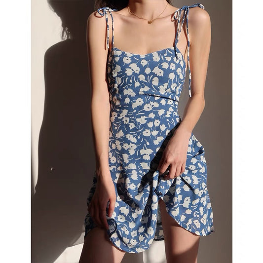 Retro girl slim fit and thin wrap chest floral skirt waist tie suspender skirt holiday style dress short skirt female