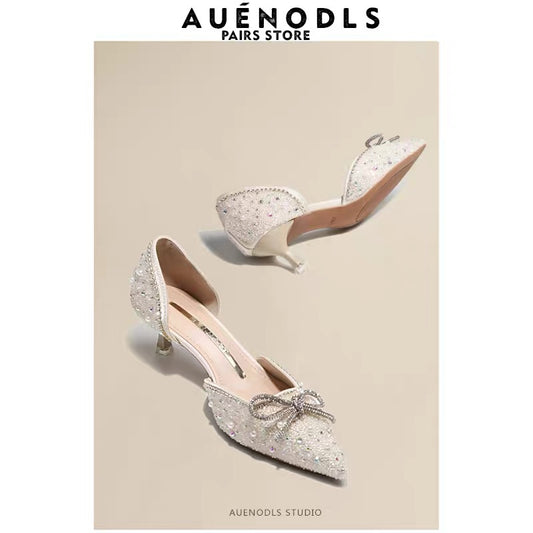 AUENODLS nude white bow hollow main wedding dress wedding shoes bridesmaid drill French Xiuhe stiletto high heels women