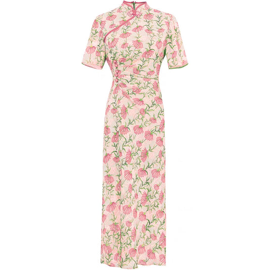 2022 summer women's new temperament slim short-sleeved printed chiffon waist cheongsam dress long skirt skirt women