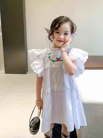Original Girls White Dress Summer Dress New Small Flying Sleeve Skirt Children's Western Style Embroidered Little Girl Princess Dress
