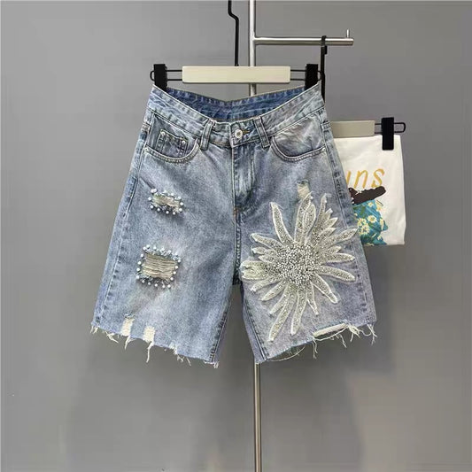 Heavy industry beaded 3D three-dimensional flower hole light-colored denim five-point shorts women's high waist loose wide-leg straight hot pants