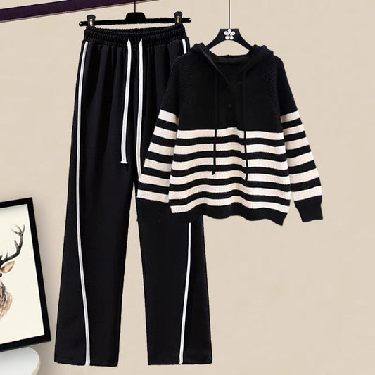 Autumn Japanese all-match hooded striped sweater sports casual pants suit autumn 2022 new women's two-piece suit