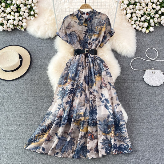2023 summer high-end socialite temperament ink painting printing waist lapel single-breasted a-line large swing dress
