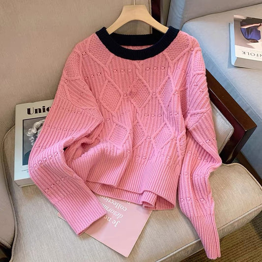 Pink rhombus sweater women's design sense niche 2022 spring new round neck loose sweet and gentle wind knitted sweater