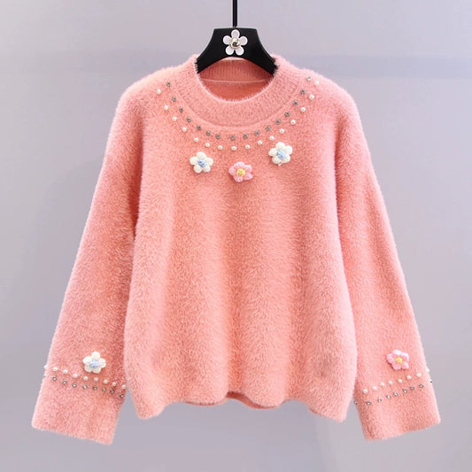 Heavy industry beaded three-dimensional flower sweater women's autumn and winter 2022 new Japanese style lazy wind loose Western-style sweater