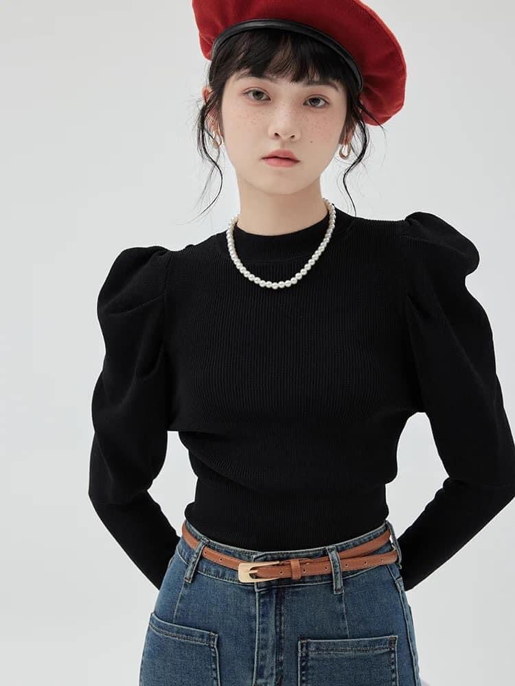 AMUU puff sleeve long-sleeved knitted T-shirt women's 2022 autumn and winter new fashion all-match design niche tops