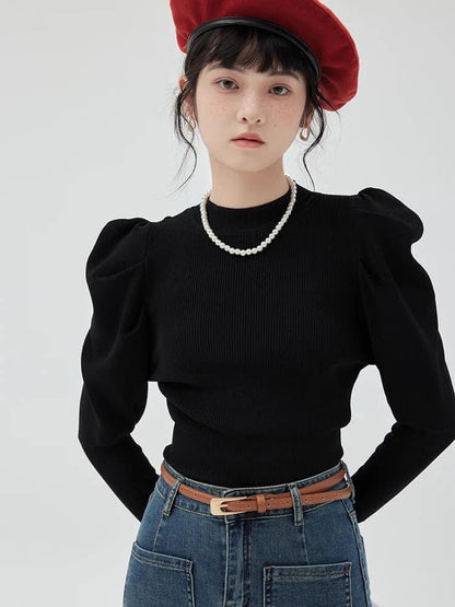 AMUU puff sleeve long-sleeved knitted T-shirt women's 2022 autumn and winter new fashion all-match design niche tops