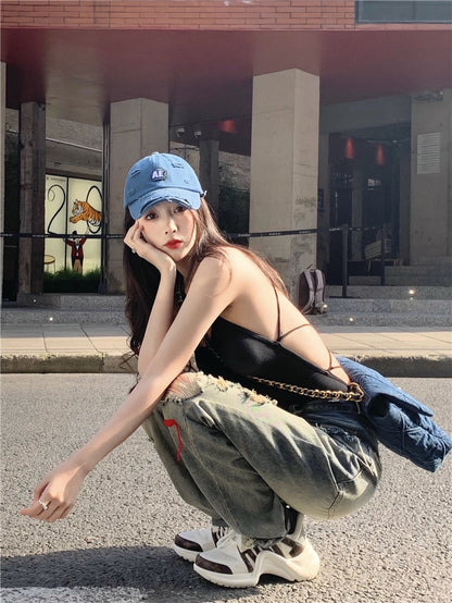 SEOUL sweet cool strappy backless bottoming vest female + old washed ripped jeans street straight casual pants