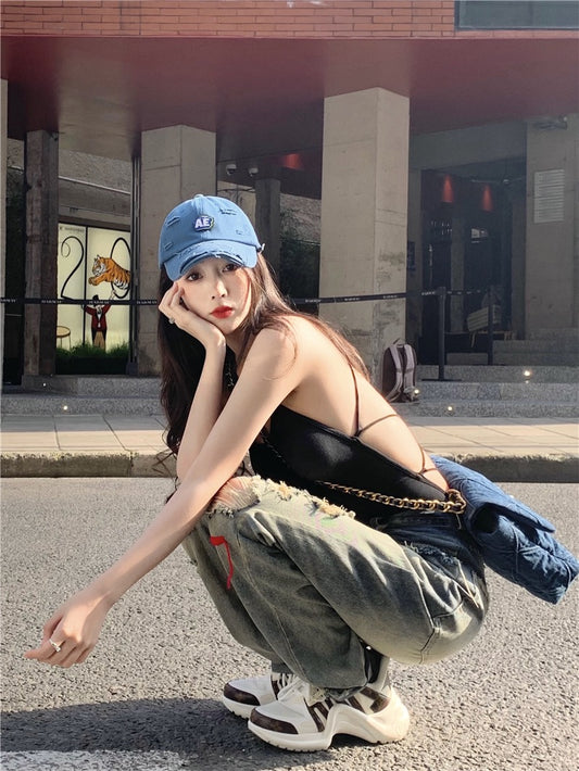 SEOUL sweet cool strappy backless bottoming vest female + old washed ripped jeans street straight casual pants