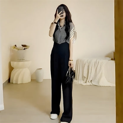 Summer tea wear a complete set of pear-shaped figure fat girls look thin bib pants small two-piece suit female