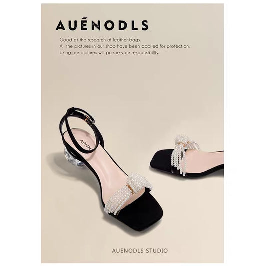 AUENODLS black beaded transparent word with crystal thick heel sandals women wear square toe open toe high heels summer
