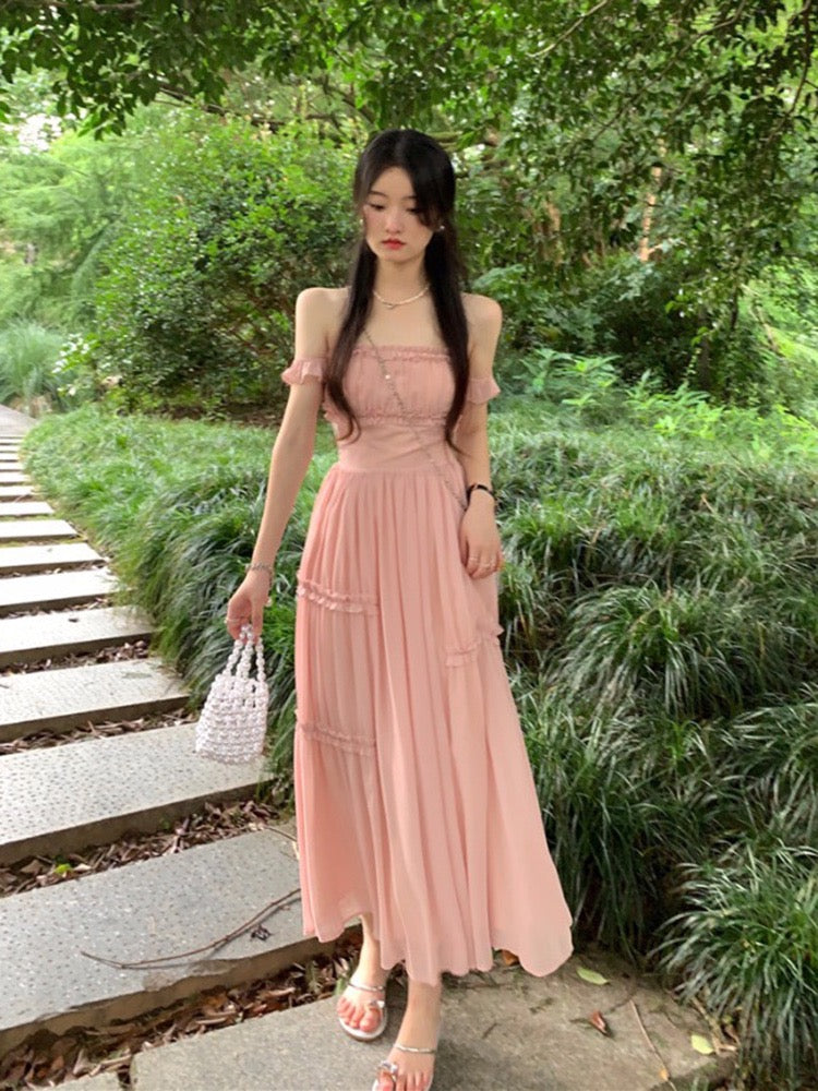 Halter neck sling irregular tube top long skirt women's summer new slim fit  slim fairy splicing pink dress