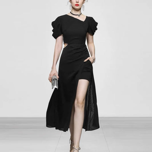 Summer women's clothing 2022 new temperament sexy French short-sleeved waist slim black dress long skirt skirt woman