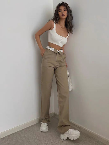 American retro personality waistband cuff design overalls straight casual pants cool and spicy fried street high trousers