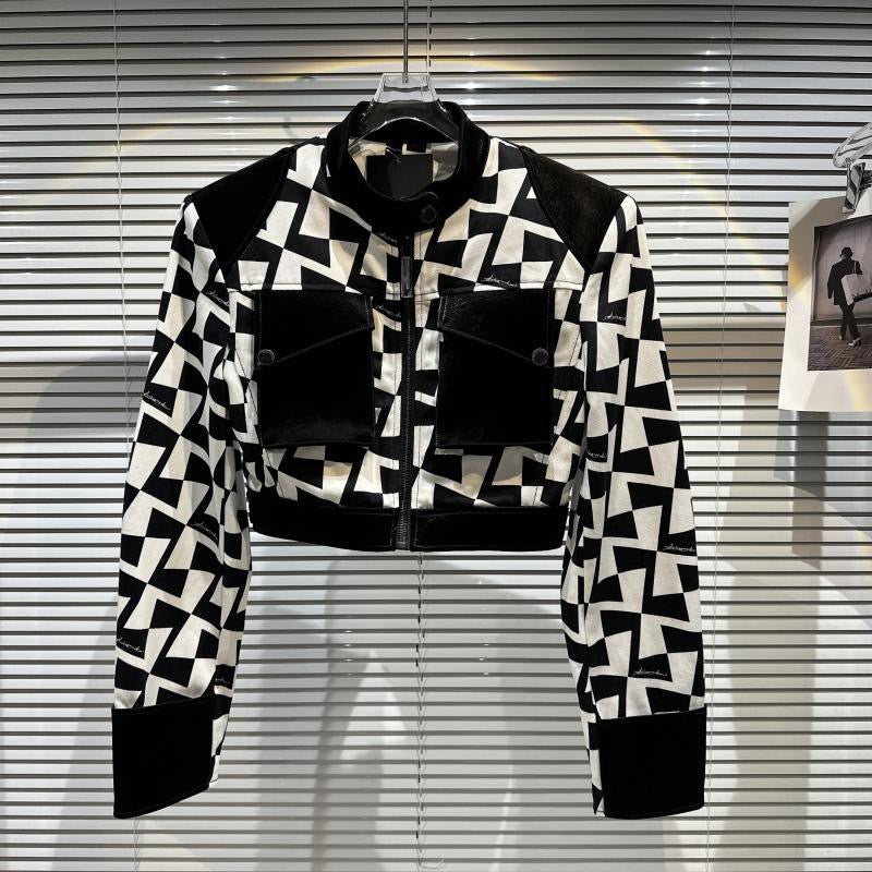 Net red same style 2023 spring new fried street hot girl black and white checkered shoulder pads and leather stand collar jacket short coat top