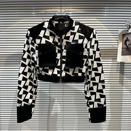 Net red same style 2023 spring new fried street hot girl black and white checkered shoulder pads and leather stand collar jacket short coat top