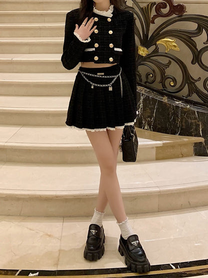 Drawing solution WAHJUIS Del Luna Hotel tweed small fragrance coat female spring and autumn design sense a-line skirt suit