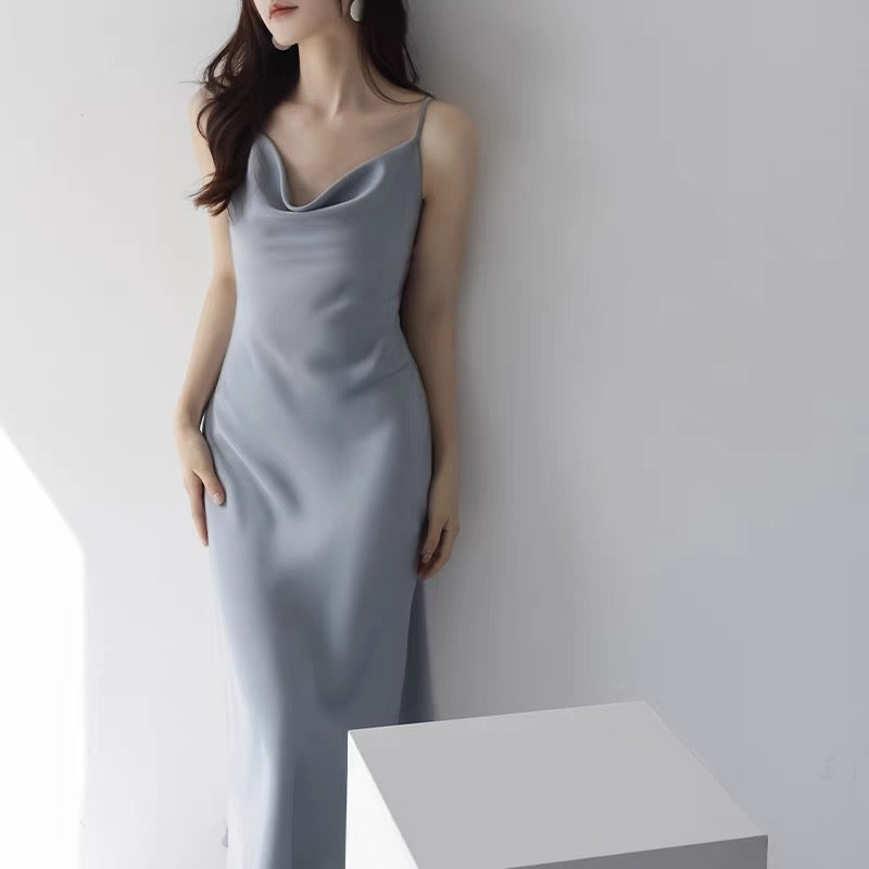 MZOMXO acetic acid texture satin swing collar suspender dress women's high-end summer temperament slim waist long skirt