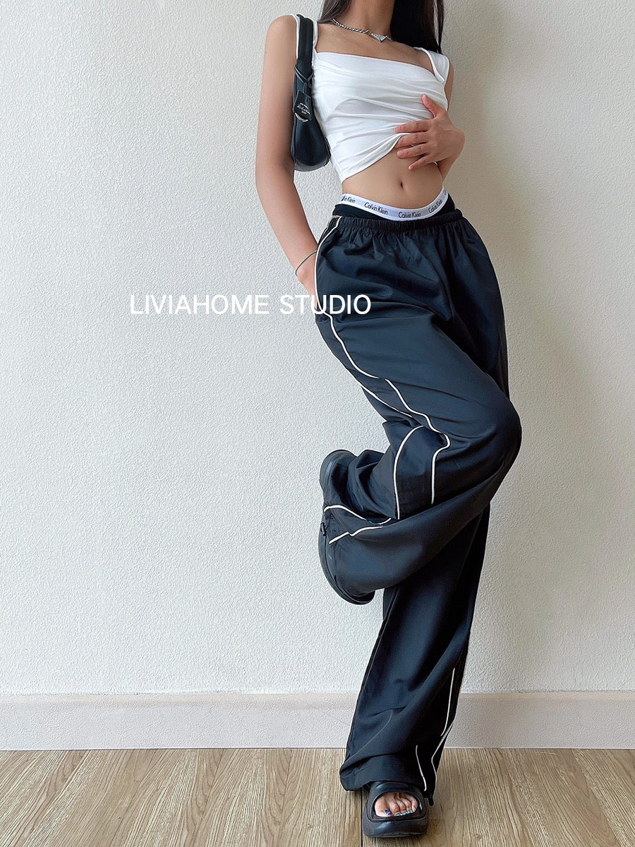 liviahome American retro high waist all-match sports casual pants women's loose slimming sports pants trousers