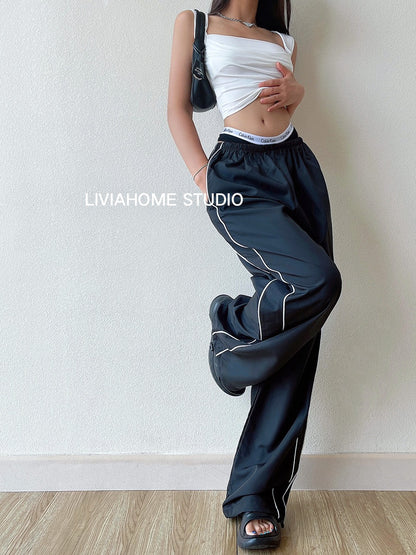 liviahome American retro high waist all-match sports casual pants women's loose slimming sports pants trousers