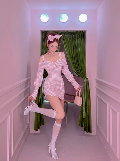 Le palais vintage original retro sweet and spicy style pink plaid slim fit pure desire fake two-piece dress