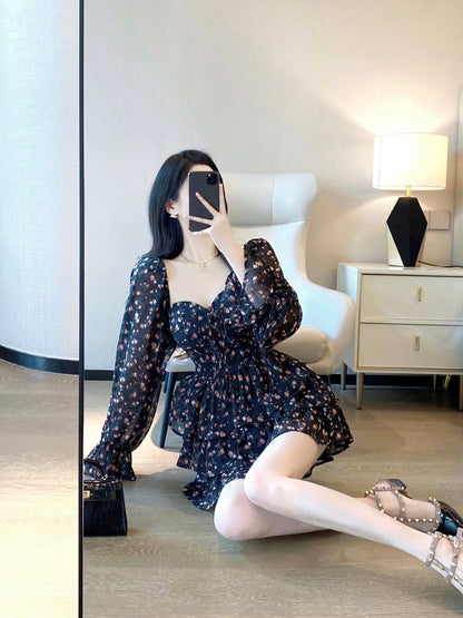 Black Floral Dress 2023 Spring and Autumn New French Temperament Ladies Bandage Tube Top Sweet A-line Cake Dress