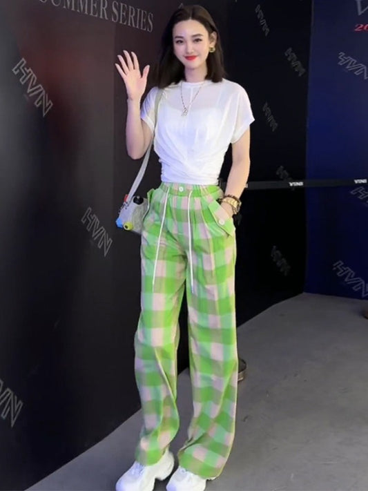 Fashion trend casual suit women's summer 2023 new thin section loose short-sleeved green wide-leg pants fresh two-piece suit