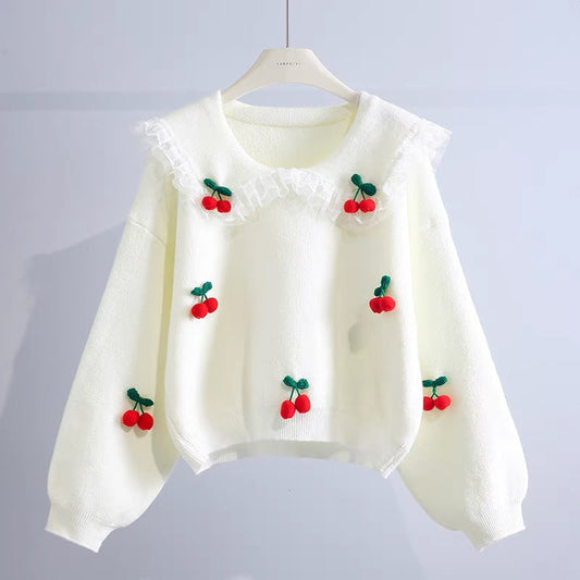 Lace Doll Collar Cherry Sweater Women's 2022 Fall/Winter New Korean Sweet Loose Pullover Lazy Wind Knit Sweater