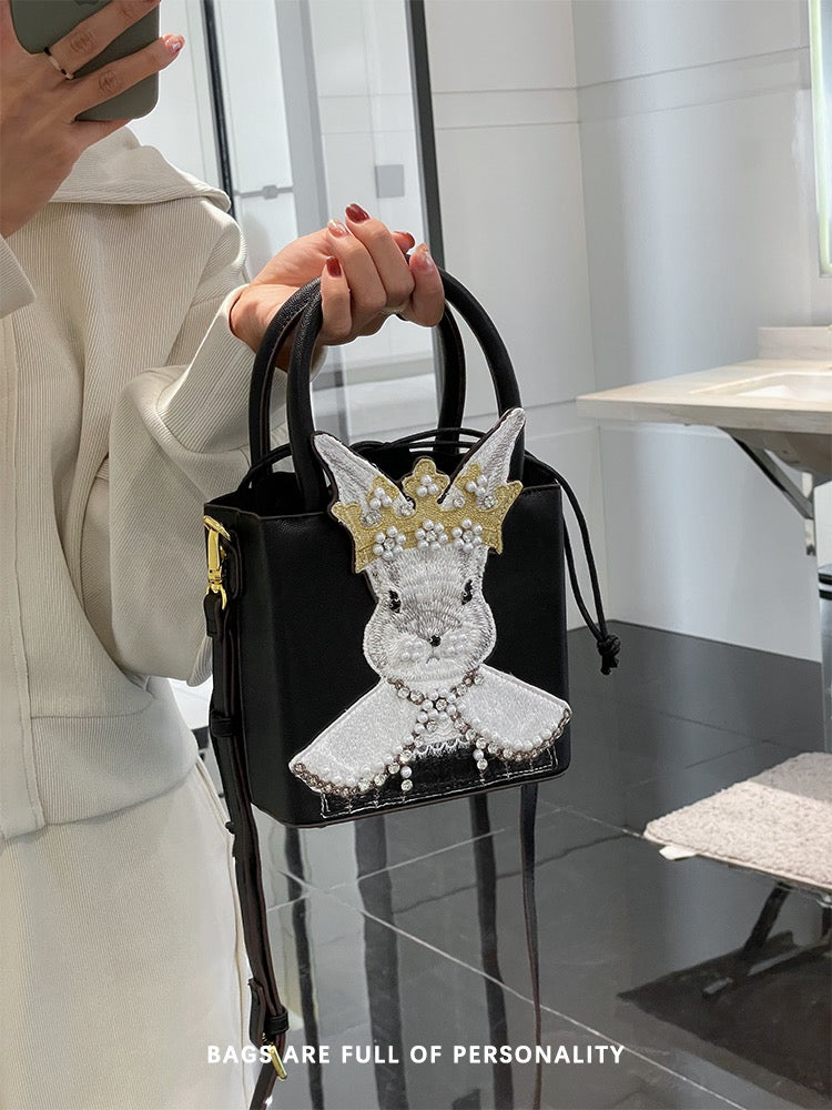 Niche Design Embroidered Rabbit Pearl Hand Bucket Bag Fashion Diamond ...