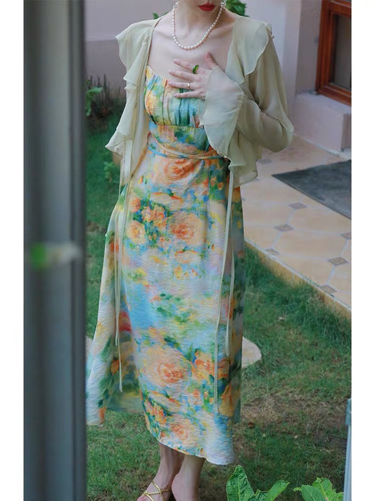 Haze Hezhi "oil painting girl" French retro tube top suspender skirt women's autumn inner print mid-length dress 1250
