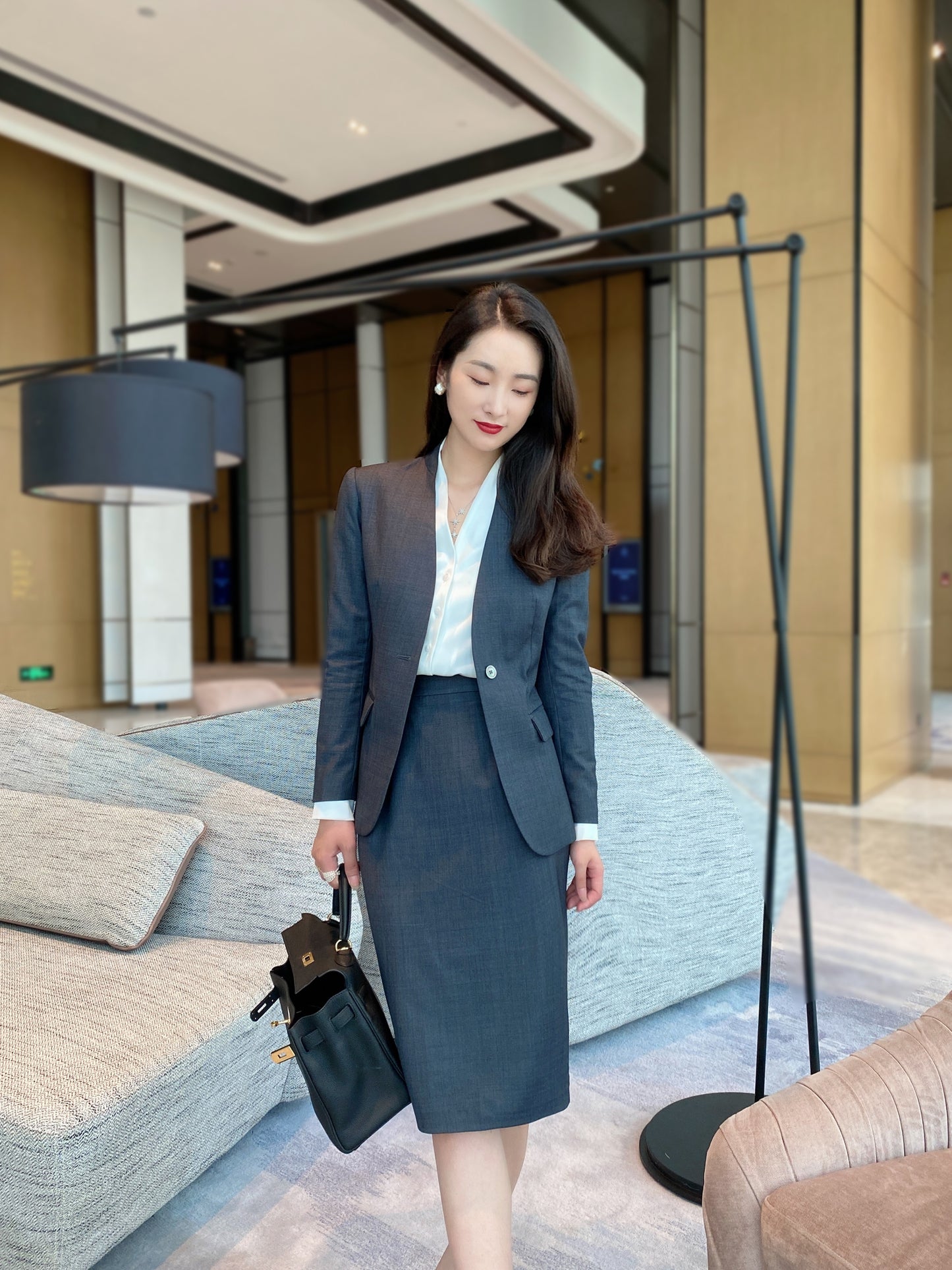 Autumn high-grade wool gray one-button suit jacket fashion commuter bag hip one-step skirt slim fit suit
