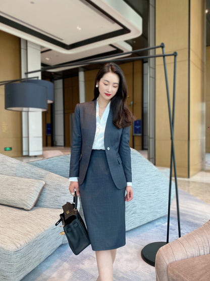 Autumn high-grade wool gray one-button suit jacket fashion commuter bag hip one-step skirt slim fit suit