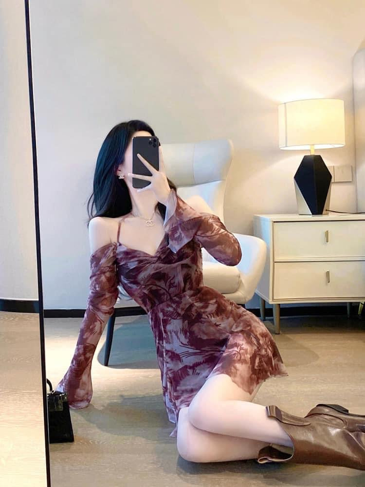Printed dress women 2023 spring and autumn new temperament celebrity waist slimming one-line collar off-the-shoulder a-line suspender skirt