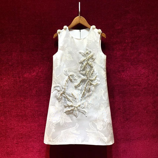 Popular ladies French small fragrance style sleeveless temperament heavy industry beading light luxury a-line skirt dress female summer high-end