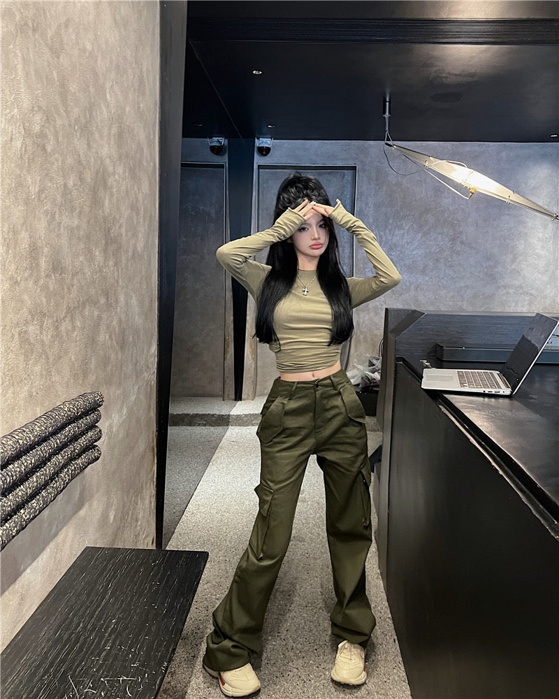 Kumikumi suit women's round neck long-sleeved slim fit high waist overalls long pants