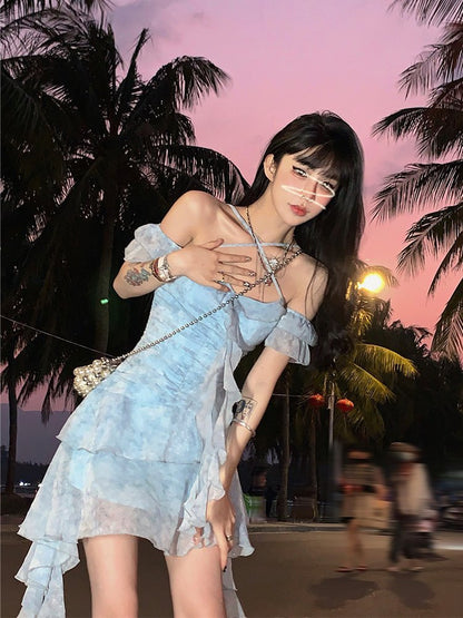 Aunt Barbie Floral Suspender Dress Halter Neck Spring Dress Women 2023 New Gentle Wind Cake Dress Sweet and Spicy Fairy Dress